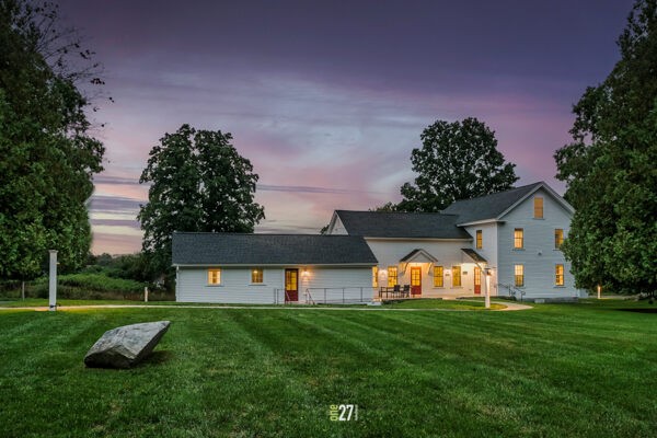 Sunrise exterior of Soaring Hawk Meditation Center - architectural photography 