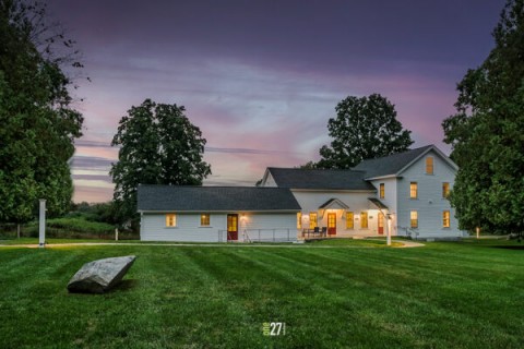 Sunrise exterior of Soaring Hawk Meditation Center - architectural photography 